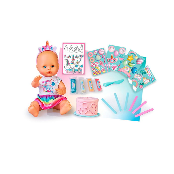 Nenuco Famosa Poupée Célébration Anniversaire Unicornio avec Robe et Diadème, Jeu de Fête à Décorer - Réf. Nfn77000