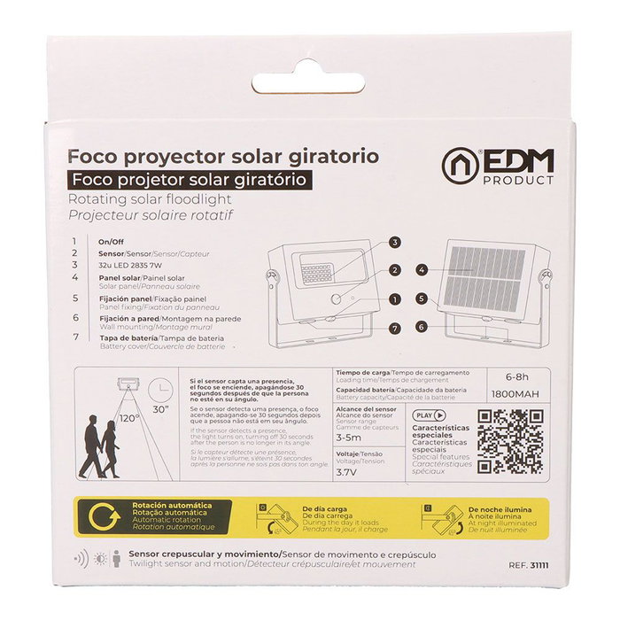 Edm Projecteur solaire LED avec détecteur de mouvement 7W 700lm 6500K Noir
