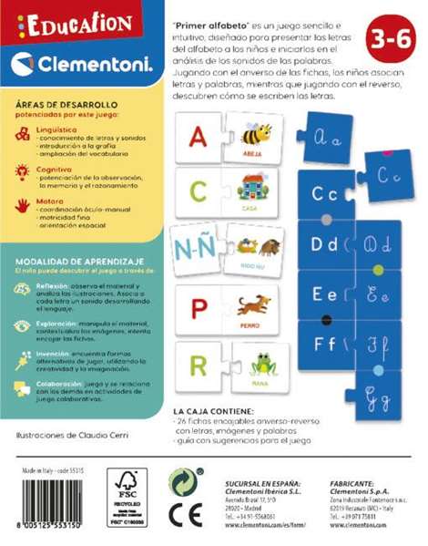 Clementoni - Juego primer alfabeto - 26 puzzles d'encastrement pour apprendre les lettres et les mots - Jeu éducatif en espagnol - À partir de 3 ans