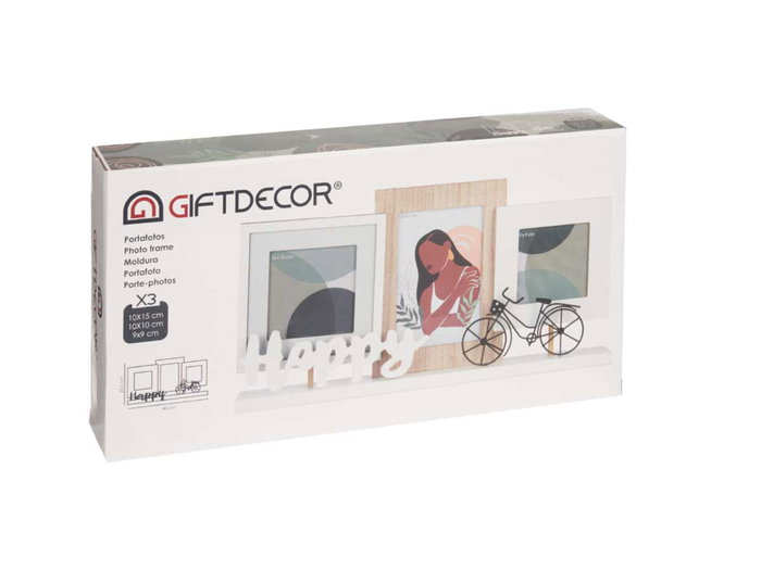 Giftdecor Porte-photos triple Happy 40x21x6 cm MDF blanc et marron (Set de 6)