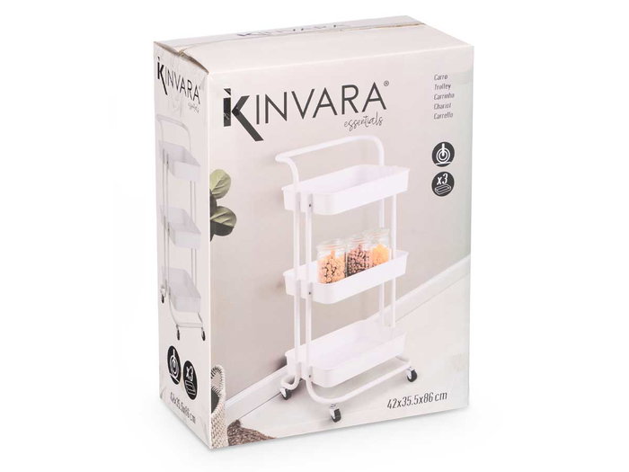 Kinvara Chariot de Rangement Plastique Blanc 3 Étagères 43x16x32 cm