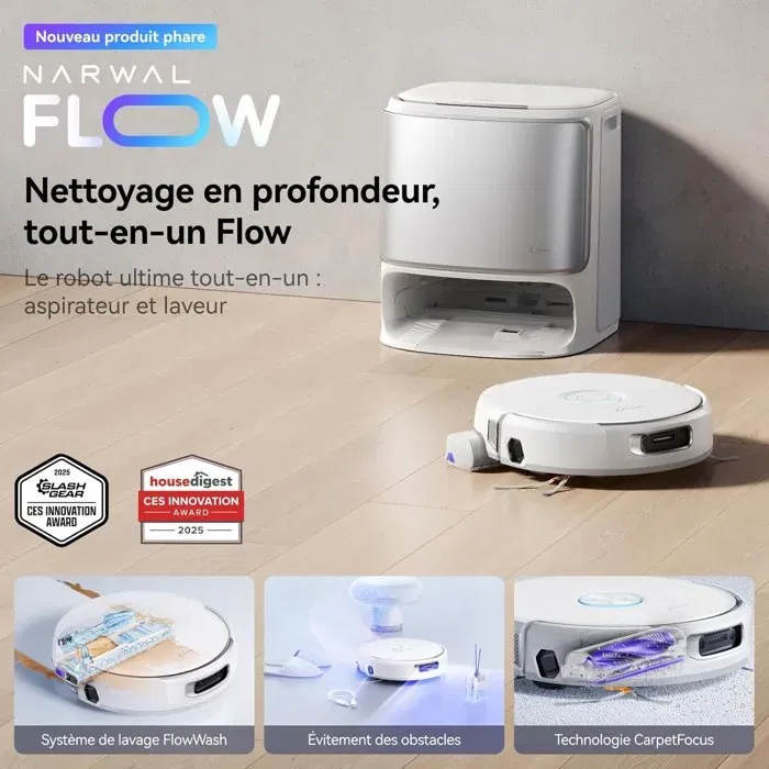 Narwal FLOW - Robot Aspirateur et Laveur Autonome avec Station de Nettoyage - 22000 Pa, Lavage à Eau Chaude 45°C, Réservoir 5L, LIDAR, Brosse Anti-poils - 95 mm