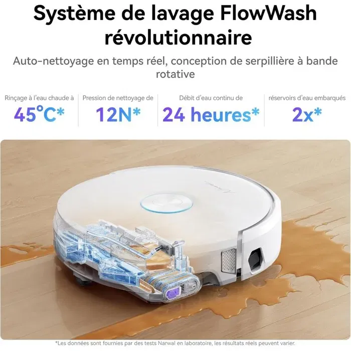 Narwal FLOW - Robot Aspirateur et Laveur Autonome avec Station de Nettoyage - 22000 Pa, Lavage à Eau Chaude 45°C, Réservoir 5L, LIDAR, Brosse Anti-poils - 95 mm