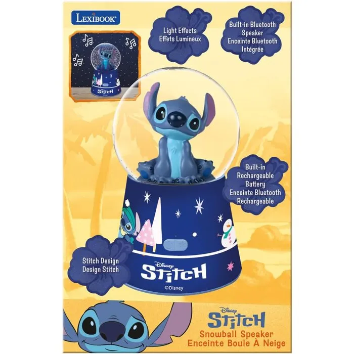 Lexibook Enceinte Bluetooth Design Décoratif Boule à Neige Stitch - Disney - Haut-Parleur Intégré Boîte à Musique - Batterie Rechargeable USB-C - Bleu