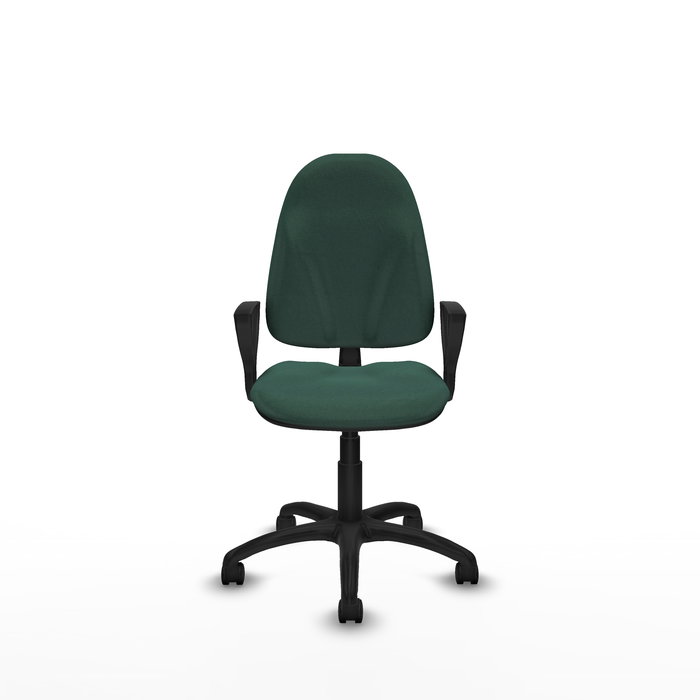 Chaise de bureau Algarra avec mécanisme de contact permanent de base, rembourrée de tissu vert bouteille. Équipée d'une base en polyamide noir, d'accoudoirs fixes et de roulettes en nylon de 50 mm.