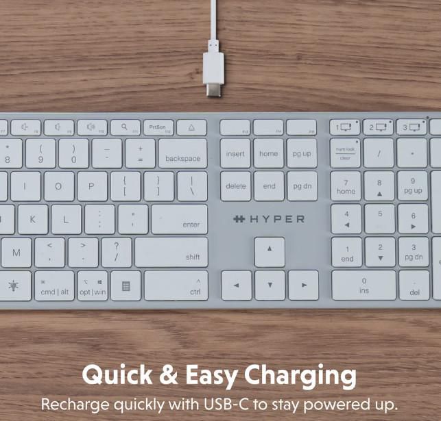 Hyper Clavier Bluetooth sans fil HyperSpace Next rétroéclairé avec pavé numérique, aluminium recyclé, USB-C, compatible Mac et Windows (Modèle HS2310US) - Disposition nordique