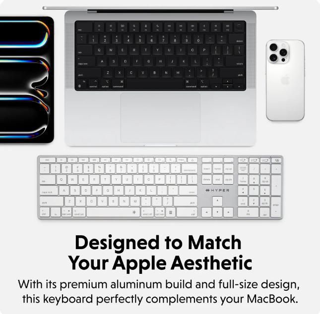 Hyper Clavier Bluetooth sans fil HyperSpace Next rétroéclairé avec pavé numérique, aluminium recyclé, USB-C, compatible Mac et Windows (Modèle HS2310US) - Disposition nordique