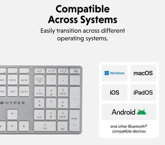 Hyper Clavier Bluetooth sans fil HyperSpace Next rétroéclairé avec pavé numérique, aluminium recyclé, USB-C, compatible Mac et Windows (Modèle HS2310US) - Disposition nordique