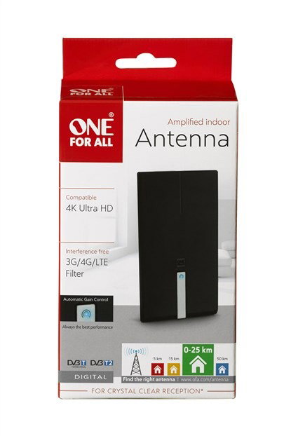 One For All SV9425 Antenne intérieure TV amplifiée avec filtres 4G/5G pour réception 4K Ultra HD (DVB-T/T2) - Design moderne, murale ou sur pied