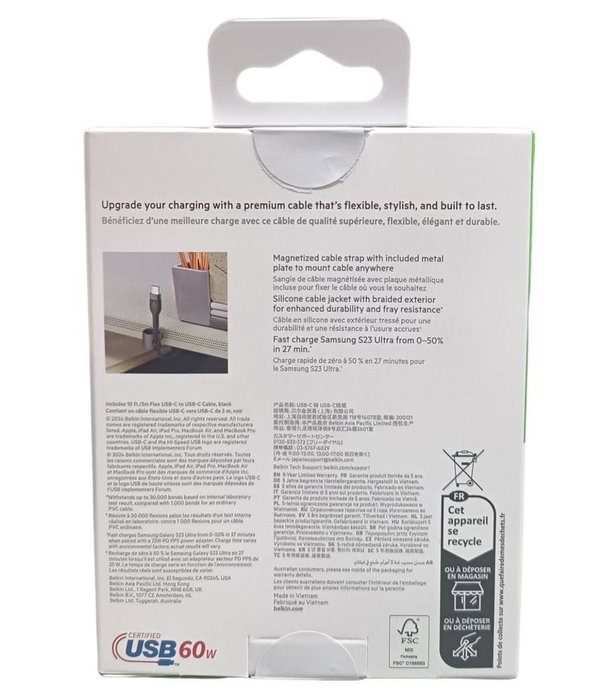 Belkin CAB011BT3MBK Câble USB-C vers USB-C Tressé 3M Noir BoostCharge Pro Flex