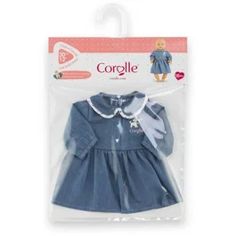 Corolle - Robe Week-end à Paris pour poupon de 30 cm - Imitation denim bleu avec col claudine, broderies cœurs et serigraphie chien - Accessoire pour poupée