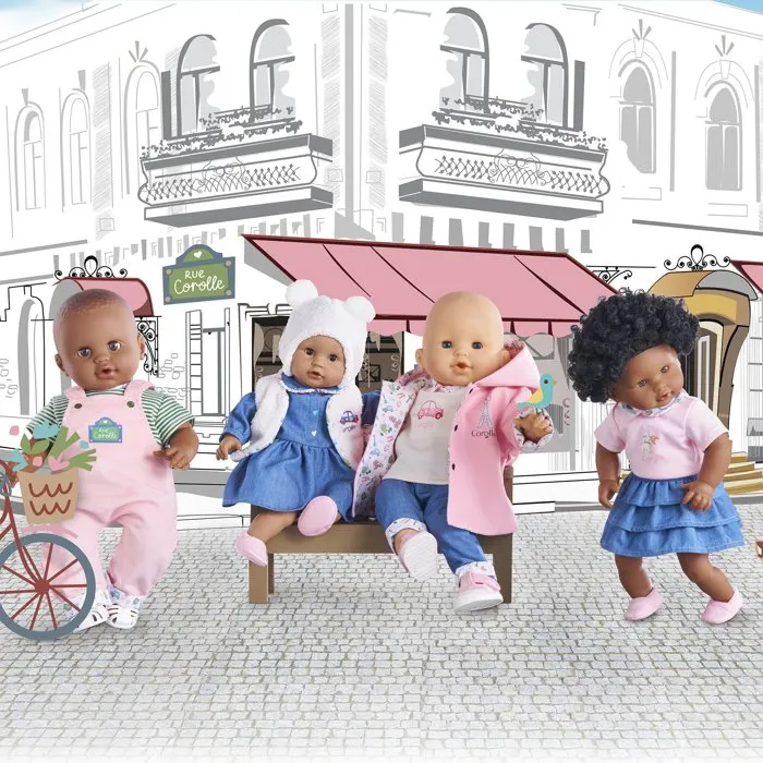 Corolle - Robe Week-end à Paris pour poupon de 30 cm - Imitation denim bleu avec col claudine, broderies cœurs et serigraphie chien - Accessoire pour poupée