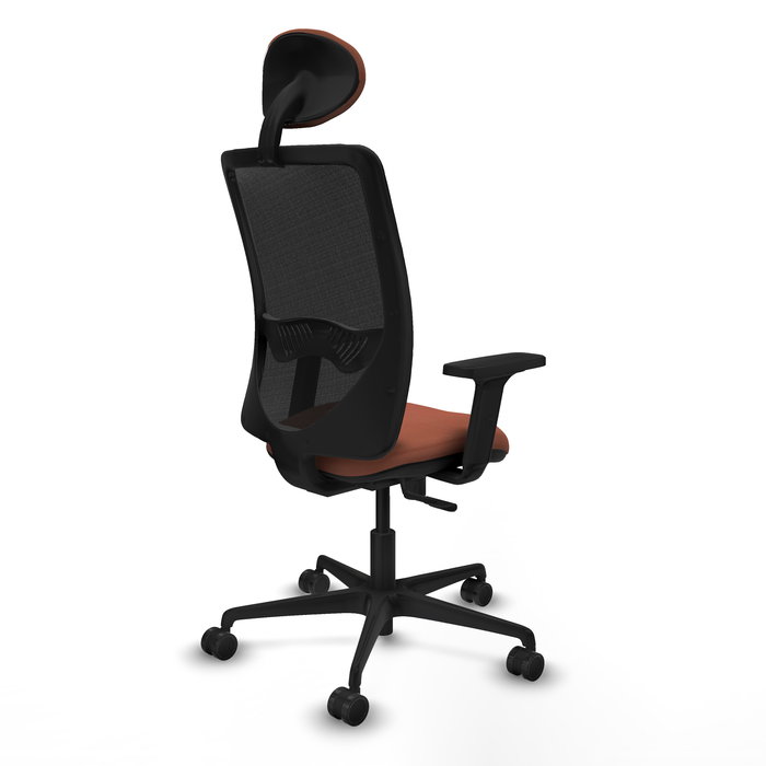Chaise Zulema Synchro 3 positions tissu Marron Maille Noir Base en nylon noir Accoudoir 2D Appui-tête Roulettes 65mm nylon