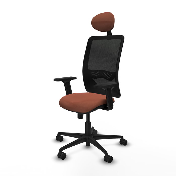 Chaise Zulema Synchro 3 positions tissu Marron Maille Noir Base en nylon noir Accoudoir 2D Appui-tête Roulettes 65mm nylon