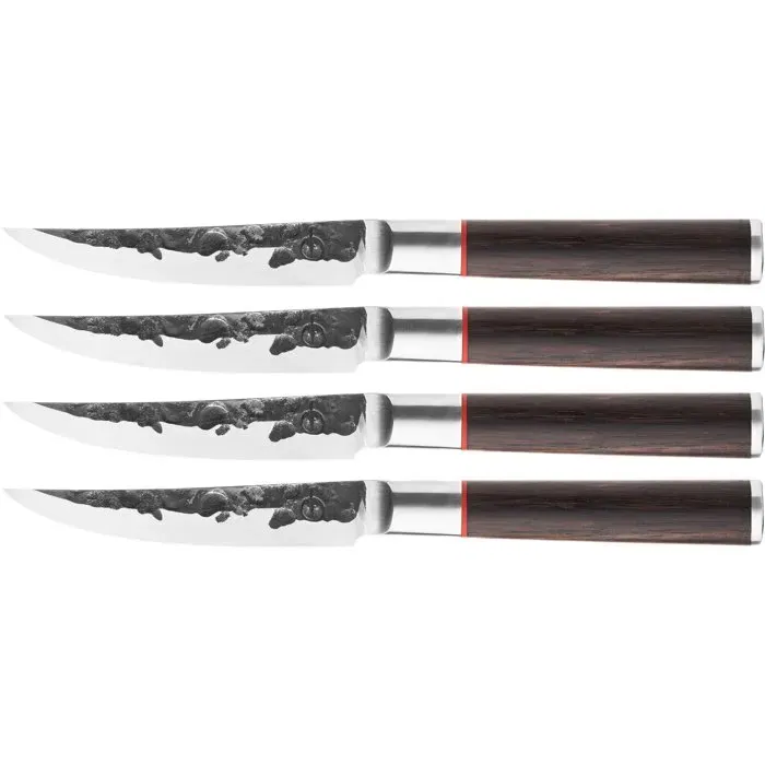 Forged Set de 4 couteaux à steak Sebra - Acier japonais 440C, manche en bois Dalbergia, longueur de lame 11,5 cm, dureté 58 Rockwell, garanti 10 ans, boîte en bois