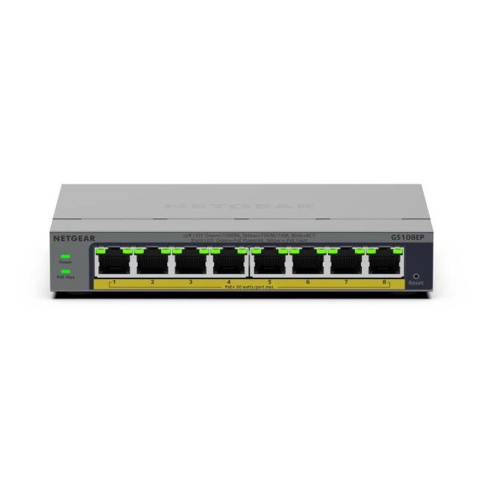 Netgear GS108EP-100EUS Switch Gigabit géré PoE+ 8 ports avec 4 ports PoE+, alimentation secteur incluse