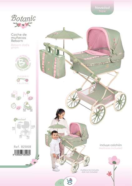 DeCuevas Chariot de Poupée Reborn Pliable Botanic avec Ombrelle et Sac DeCuevas Chariot de Poupée Reborn Pliable Botanic avec Ombrelle et Sac