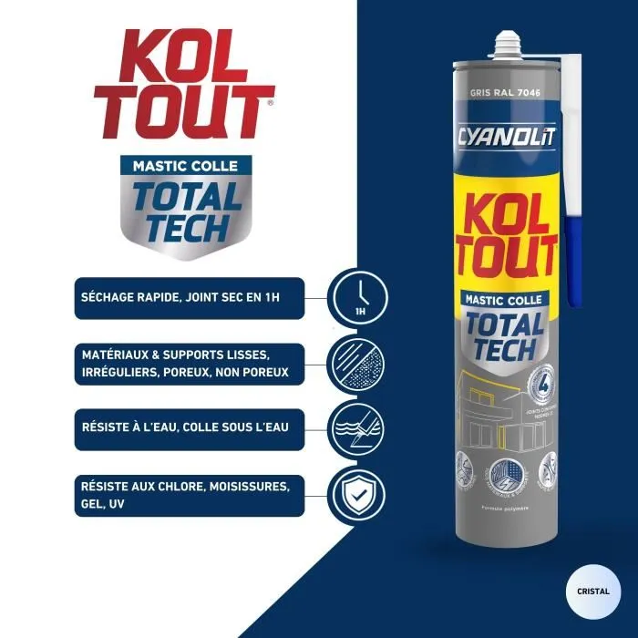 Cyanolit Koltout Total Tech Gris - Colle et mastic polyvalent multi-matériaux, étanche, flexible et résistant - Cartouche 290 ml Cyanolit Koltout Total Tech Gris - Colle et mastic polyvalent multi-matériaux, étanche, flexible et résistant - Cartouche 290 ml