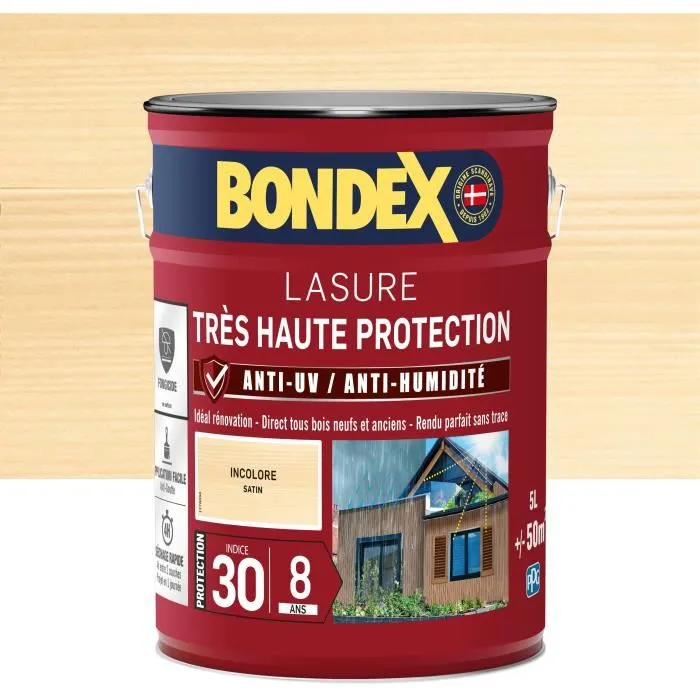 Bondex Lasure pour Bois Extérieur Très Haute Protection 8 Ans Incolore 5L - Peinture Acrylique Satinée, Rendement 50 m² Bondex Lasure pour Bois Extérieur Très Haute Protection 8 Ans Incolore 5L - Peinture Acrylique Satinée, Rendement 50 m²