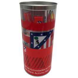 CYPBRANDS Kit d'activités créatives pour enfants avec coffre à épargne, thème Atlético de Madrid - 38 pièces : crayons, peintures, tampon, gomme, pochoirs