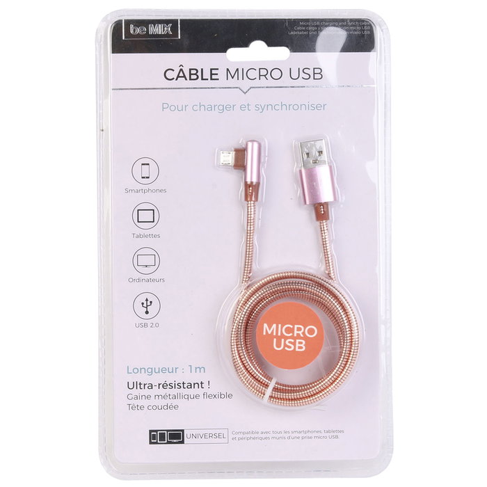 Be Mix Câble Micro USB avec couverture métallique flexible, coloris assortis Be Mix Câble Micro USB avec couverture métallique flexible, coloris assortis