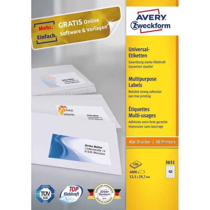 Avery Zweckform 3651 - Étiquettes adhésives Avery 52.5 x 29.7 mm, 1 feuille A4, Lot de 100
