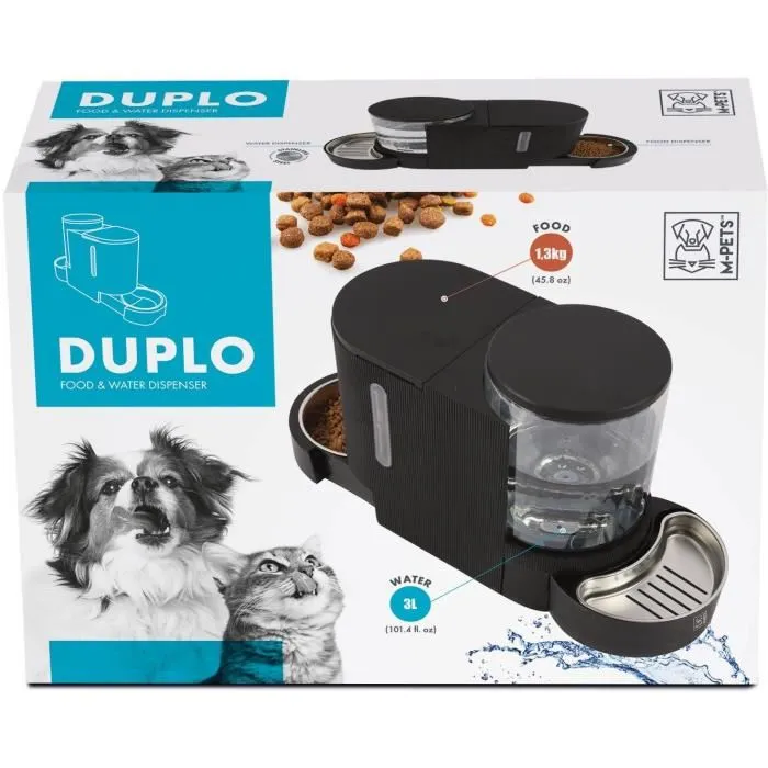 M Pets DUPLO - Distributeur de croquettes et d'eau pour chien et chat, 1,3 kg / 3 L, bols en inox amovibles, conception transparente, Noir
