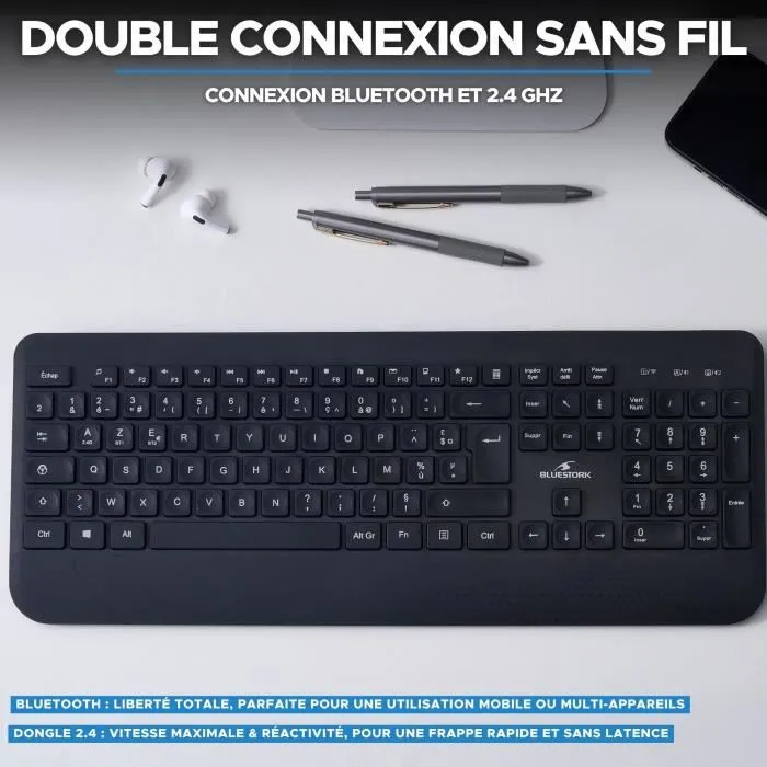 Bluestork Office R2 Clavier sans fil AZERTY professionnel avec touches ergonomiques creusées pour confort et frappe silencieuse, bureau, télétravail, design fin noir