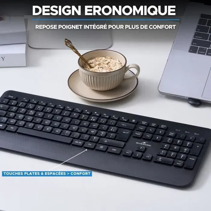 Bluestork Office R2 Clavier sans fil AZERTY professionnel avec touches ergonomiques creusées pour confort et frappe silencieuse, bureau, télétravail, design fin noir