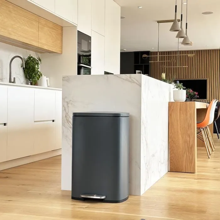 Kitchen Move Admiral - Poubelle de cuisine à pédale 50 litres, design rectangulaire en acier inoxydable gris mat - 43x37x66 cm