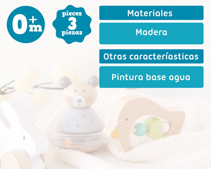 KioKids Set de Jouets en Bois pour Bébé - Pigeon Mobile, Lapin à Roues et Ours à Bascule avec Sonnette - 3 Pièces Naturelles Multicolores dès la Naissance