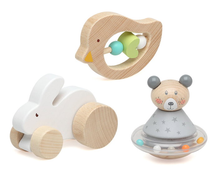 KioKids Set de Jouets en Bois pour Bébé - Pigeon Mobile, Lapin à Roues et Ours à Bascule avec Sonnette - 3 Pièces Naturelles Multicolores dès la Naissance