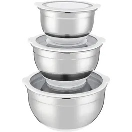 Arthur Martin AM486 Set de 3 Saladiers en Acier Inoxydable 16-20-24 cm avec Couvercles Hermétiques, Graduation Intérieure et Fond Silicone Anti-dérapant