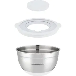 Arthur Martin AM486 Set de 3 Saladiers en Acier Inoxydable 16-20-24 cm avec Couvercles Hermétiques, Graduation Intérieure et Fond Silicone Anti-dérapant