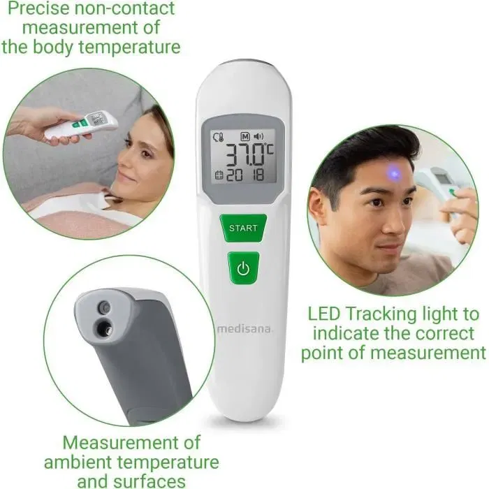 Medisana TM 760 - Thermomètre médical sans contact certifié, mesure précise avec visée LED, signal sonore, écran extra-large, mémoire, conversion °C/°F
