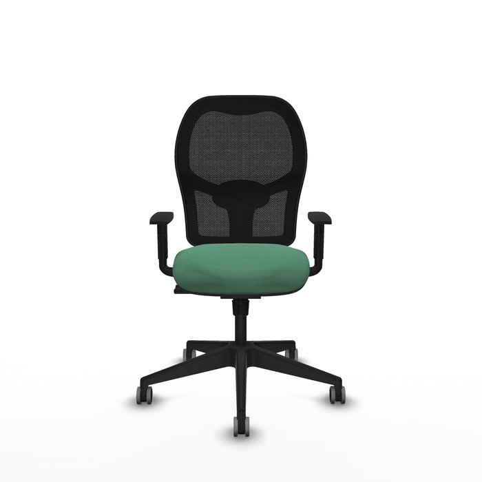 Chaise Alocén Synchro 3 positions tissu Vert émeraude Maille Noir Base pyramidale noire Accoudoir 1D Sans appui-tête Roulettes 65mm pour moquette