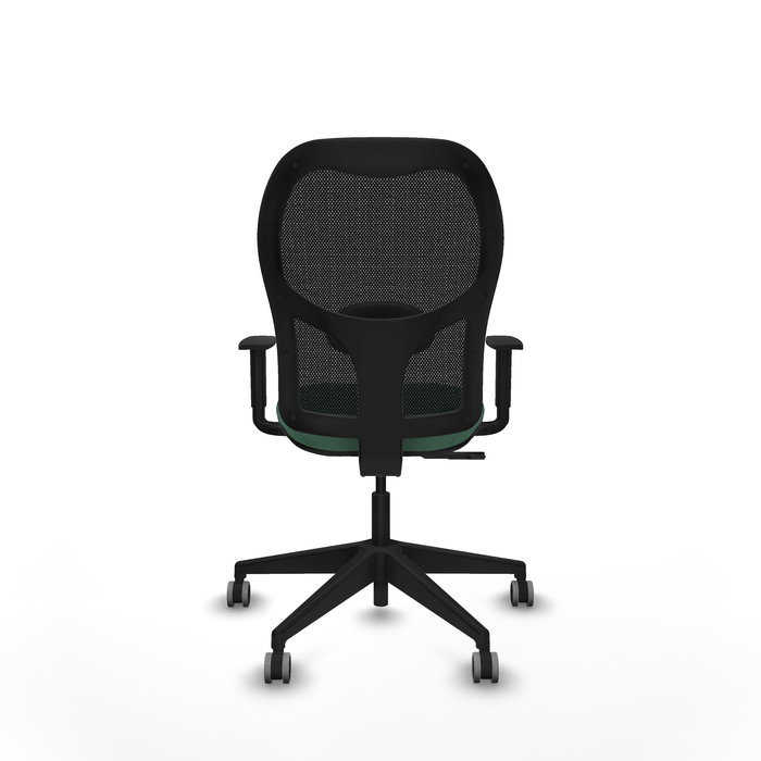 Chaise Alocén Synchro 3 positions tissu Vert émeraude Maille Noir Base pyramidale noire Accoudoir 1D Sans appui-tête Roulettes 65mm pour moquette