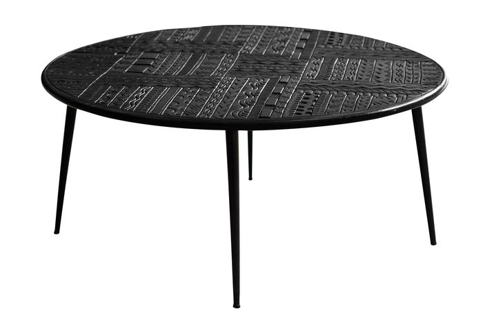 GINER Y COLOMER - Table basse artisanale en bois de manguier massif avec hiéroglyphe sculpté main et pieds en fer laqué noir - 70 cm diamètre x 50 cm haut - Coloris noir foncé/noir GINER Y COLOMER - Table basse artisanale en bois de manguier massif avec hiéroglyphe sculpté main et pieds en fer laqué noir - 70 cm diamètre x 50 cm haut - Coloris noir foncé/noir