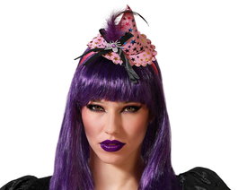 Rubberwood Diadema Bruja Rosa pour Femme Adulte - Diadème de Sorcière Rose avec Étoiles, Ruban et Plume pour Fêtes et Déguisements