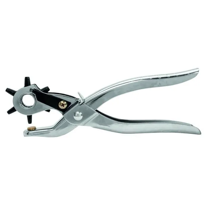 Rapid Pince à poinçons RP03 - Crée des trous de 2.5 à 4.5 mm dans le cuir, tissu épais - Système de verrouillage - Acier chromé - Garantie 2 ans Rapid Pince à poinçons RP03 - Crée des trous de 2.5 à 4.5 mm dans le cuir, tissu épais - Système de verrouillage - Acier chromé - Garantie 2 ans