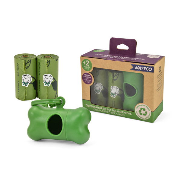 Nayeco Porte-sacs recyclé avec 2 rouleaux de 15 sacs parfumés lavande Nayeco Porte-sacs recyclé avec 2 rouleaux de 15 sacs parfumés lavande