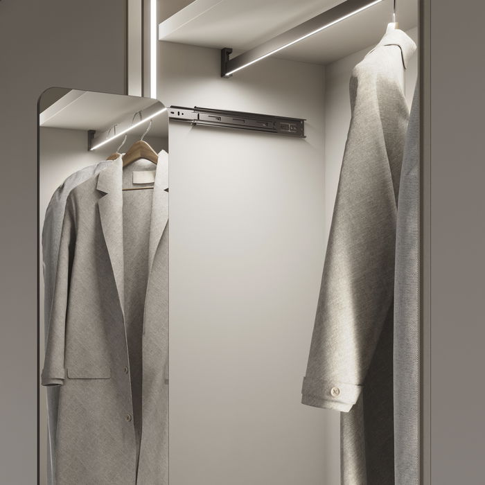 Emuca Kit barre pour armoire Luxe, ruban LED 4,5x8 Neonlynx V, détecteur de mouvement RF Smart et convertisseur Smart (24V DC), longueur 900mm, Lumière blanche chaude 2.700K, Aluminium et Plastique, Peint en noir texturé Emuca Kit barre pour armoire Luxe, ruban LED 4,5x8 Neonlynx V, détecteur de mouvement RF Smart et convertisseur Smart (24V DC), longueur 900mm, Lumière blanche chaude 2.700K, Aluminium et Plastique, Peint en noir texturé