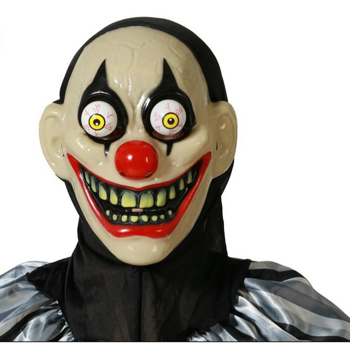 Masque de clown tueur rigide avec yeux exorbités et dents jaunes