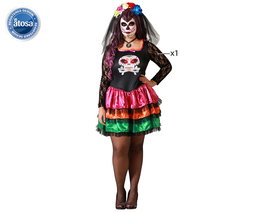 Costume de femme adulte Halloween - Robe noire imprimée crâne mexicain avec volants multicolores - Taille XXL