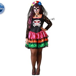 Déguisement Halloween, Robe Adulte Femme XXL Noir avec Imprimé Calavera et Volants Multicolores, Thématique Jour des Morts