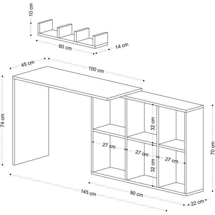 Bureau d'étude JACK Blanc Chêne - Bureau d'ordinateur avec rangement - 145 x 74 x 45 cm