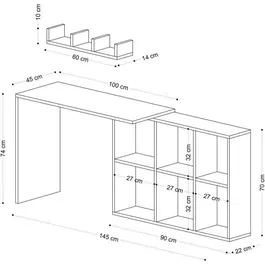 Bureau d'étude JACK Blanc Chêne - Bureau d'ordinateur avec rangement - 145 x 74 x 45 cm