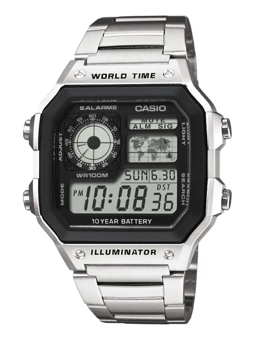 Casio Montre AE1200WHD-1AVEF Homme en Acier Inoxydable Argenté avec Cadran Digital Noir, Affichage Jour/Date/Mois, Mouvement Quartz, Étanche 100 m