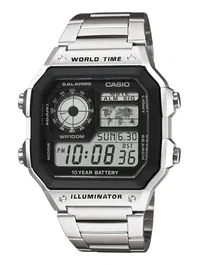 Casio Montre AE1200WHD-1AVEF Homme en Acier Inoxydable Argenté avec Cadran Digital Noir, Affichage Jour/Date/Mois, Mouvement Quartz, Étanche 100 m