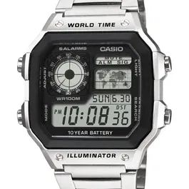 Casio Montre AE1200WHD-1AVEF Homme en Acier Inoxydable Argenté avec Cadran Digital Noir, Affichage Jour/Date/Mois, Mouvement Quartz, Étanche 100 m